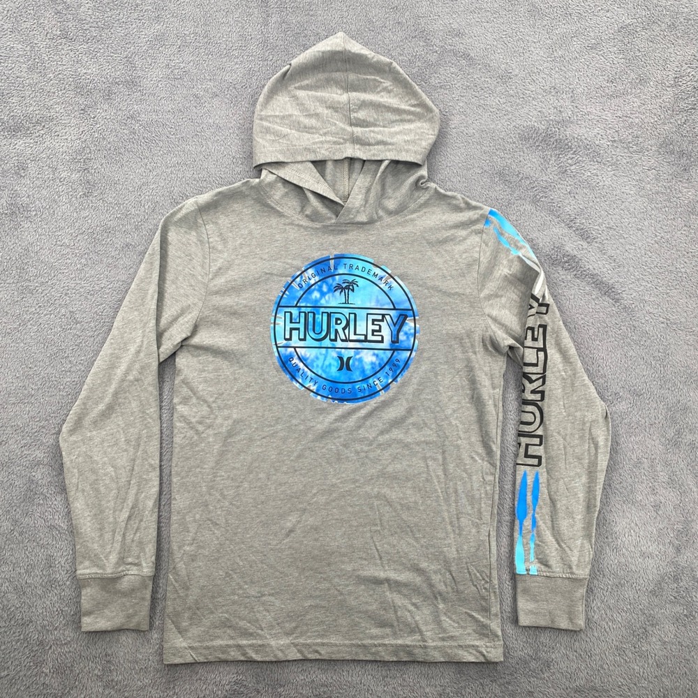 Hurley Hooded Graphic Tee Kids L Gray Long Sleeve Palm Tree Logo Shirt